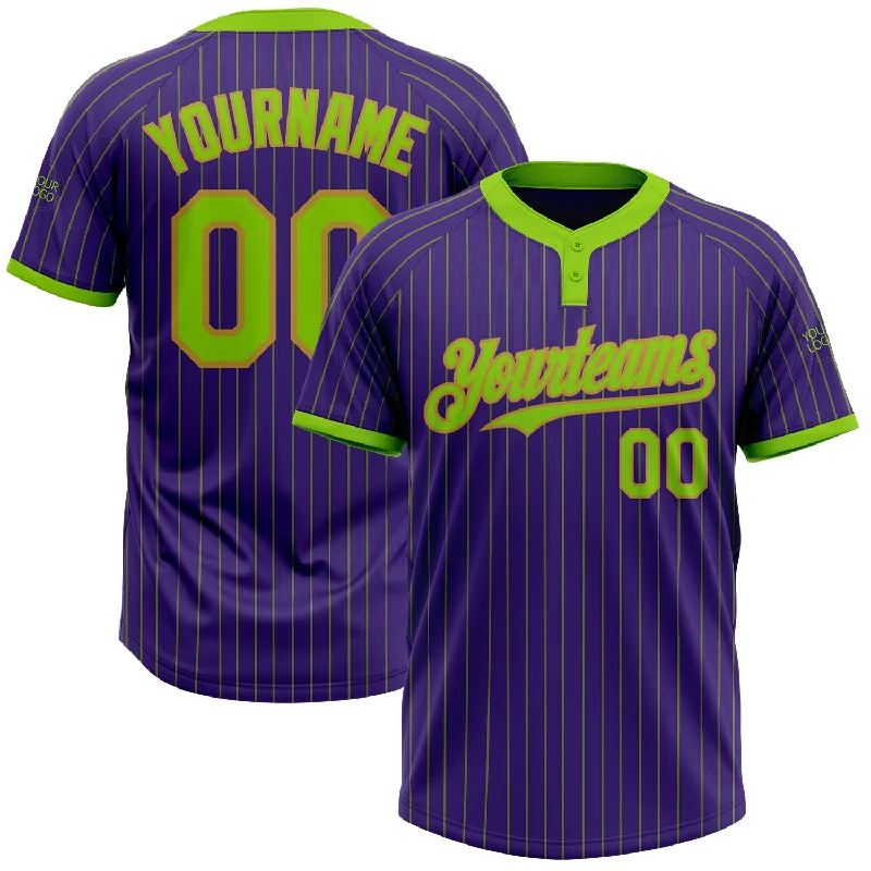 Softball jersey for youth and adult players-Custom Purple Neon Green Pinstripe Old Gold Two-Button Unisex Softball Jersey