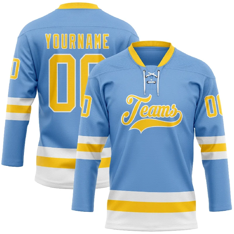 Custom hockey jersey for fan support and events-Custom Light Blue Yellow-White Hockey Lace Neck Jersey