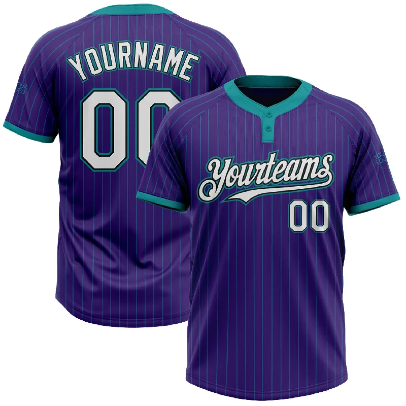 Softball jersey with a classic design for team pride-Custom Purple Teal Pinstripe White-Black Two-Button Unisex Softball Jersey