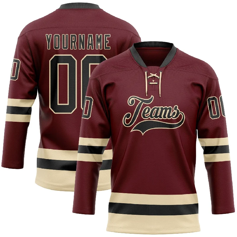 Retro style hockey jersey for fans-Custom Burgundy Black-Cream Hockey Lace Neck Jersey