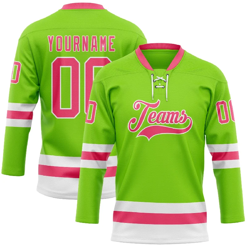 Custom hockey jersey for professional leagues-Custom Neon Green Neon Pink-White Hockey Lace Neck Jersey