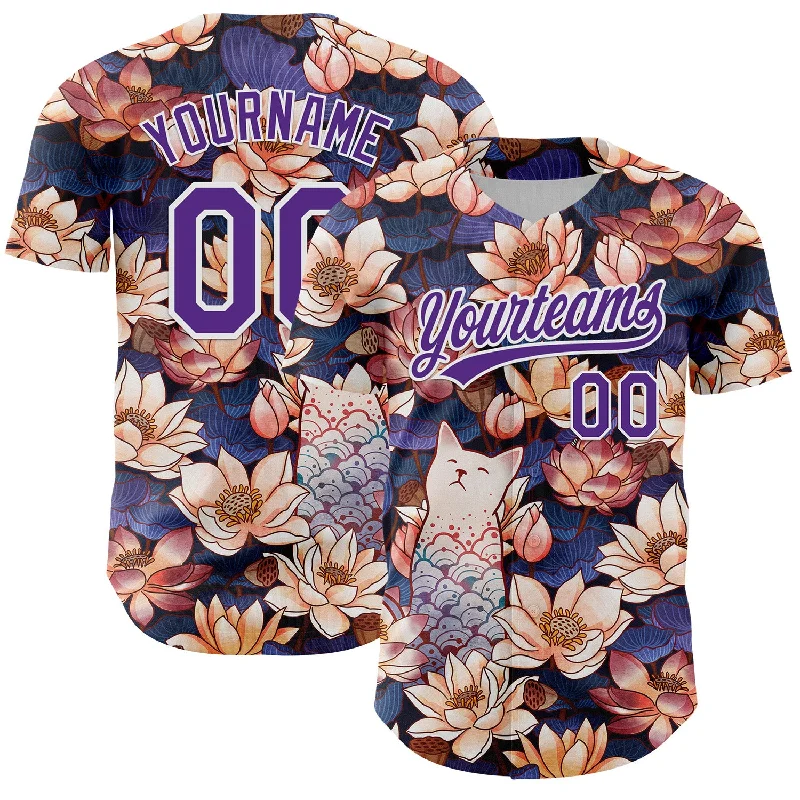 Team baseball jersey for league tournaments-Custom Black Purple-White 3D Syntetyc White Cat Lotus Authentic Baseball Jersey