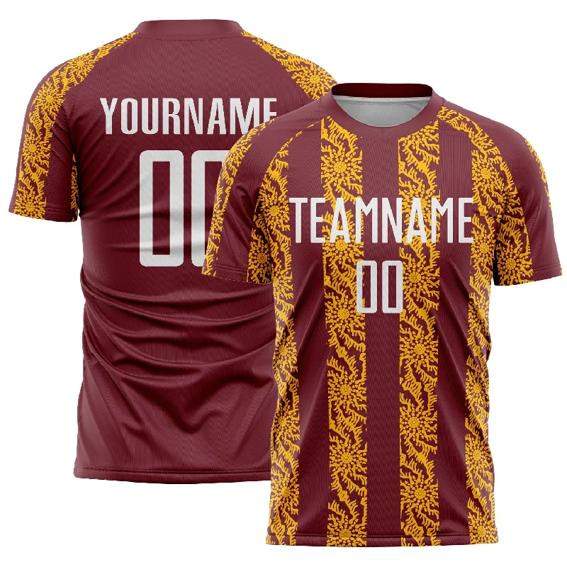 Personalized soccer jersey for casual outings-Custom Burgundy White-Gold Abstract Shape Sublimation Soccer Uniform Jersey