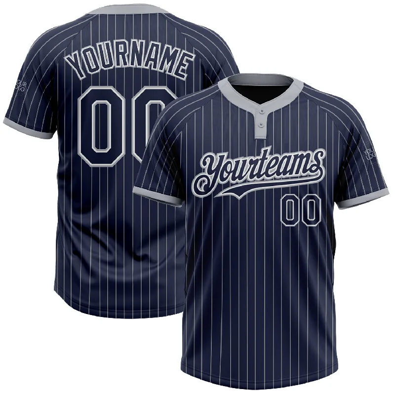 Softball jersey with a relaxed, loose fit-Custom Navy Gray Pinstripe White Two-Button Unisex Softball Jersey