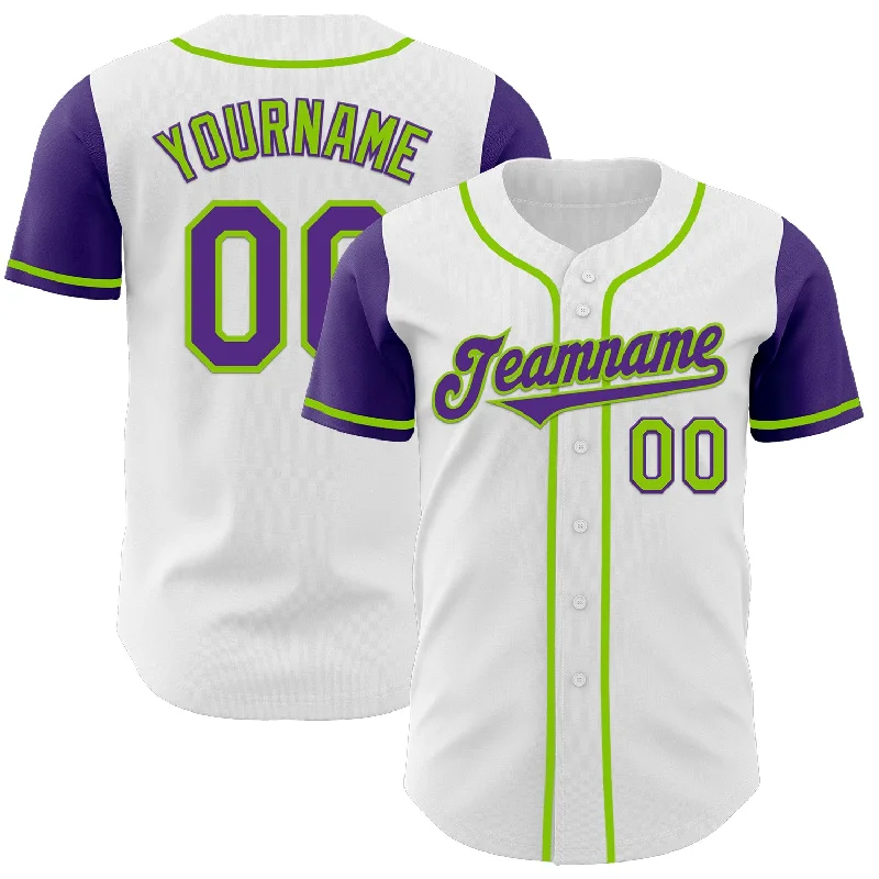 Baseball jersey with vintage patch designs-Custom White Purple-Neon Green Authentic Two Tone Baseball Jersey