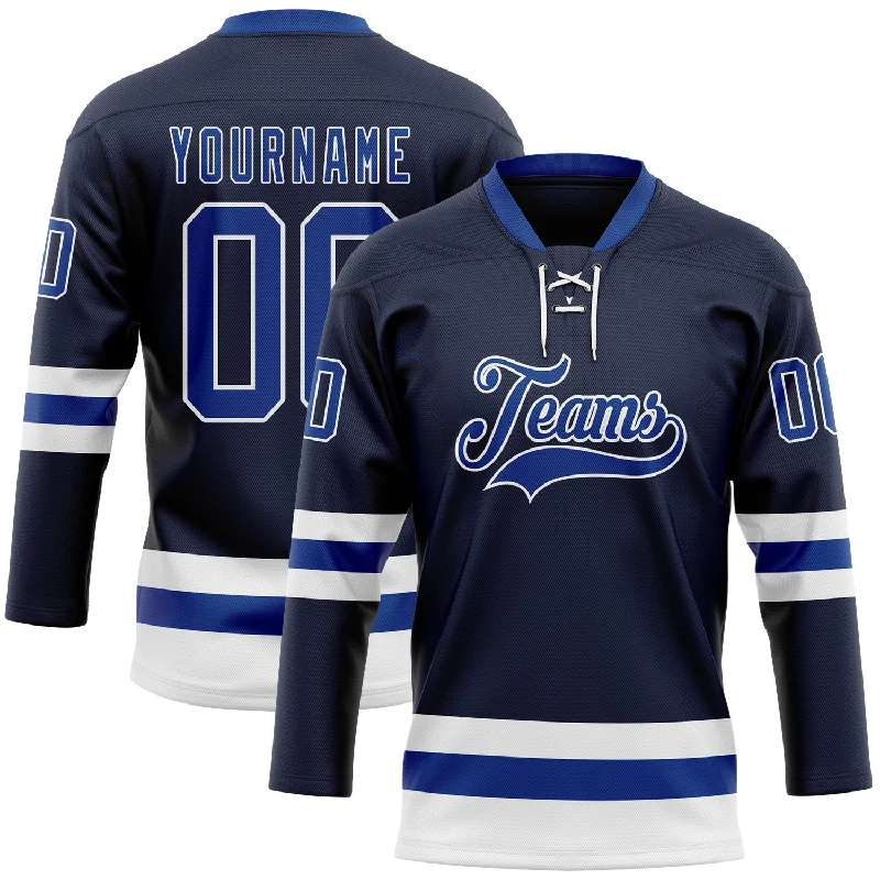 Custom hockey jersey with sublimated prints-Custom Navy Royal-White Hockey Lace Neck Jersey