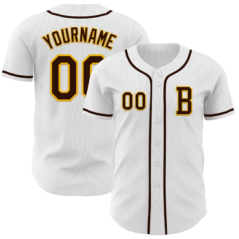 Custom baseball jersey with name and number options-Custom White Brown-Gold Authentic Baseball Jersey