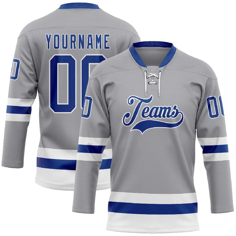 Personalized hockey jersey with unique artwork-Custom Gray Royal-White Hockey Lace Neck Jersey