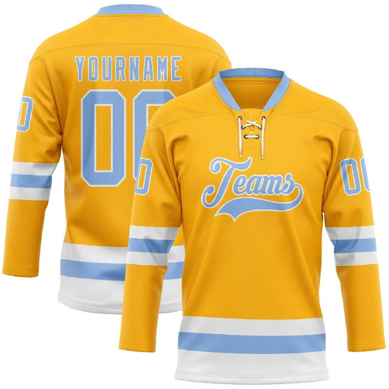 Hockey jersey with moisture-wicking material for comfort-Custom Gold Light Blue-White Hockey Lace Neck Jersey