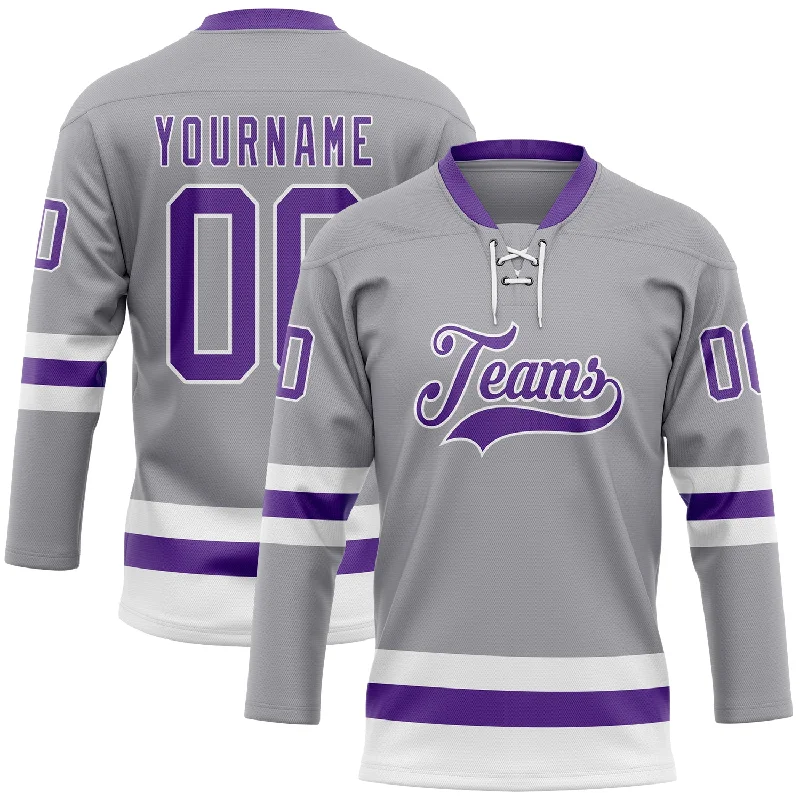 Hockey jersey with reinforced stitching for durability-Custom Gray Purple-White Hockey Lace Neck Jersey