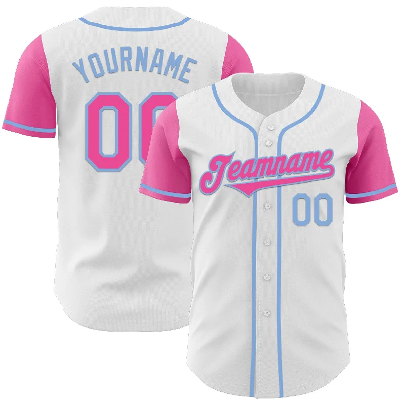 Team baseball jersey for league tournaments-Custom White Pink-Light Blue Authentic Two Tone Baseball Jersey