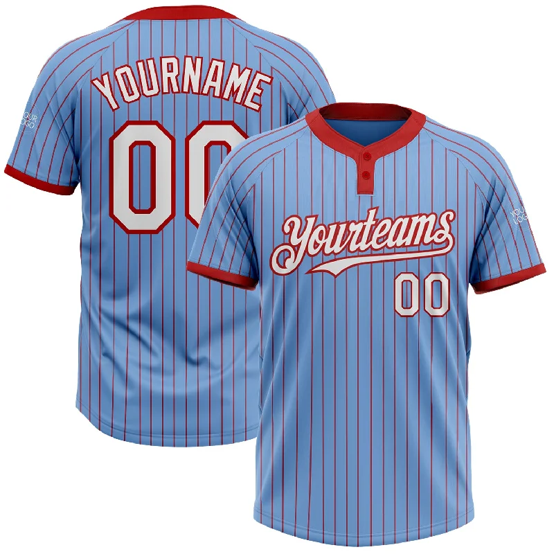 Softball jersey with performance-enhancing fabric technology-Custom Light Blue Red Pinstripe White Two-Button Unisex Softball Jersey