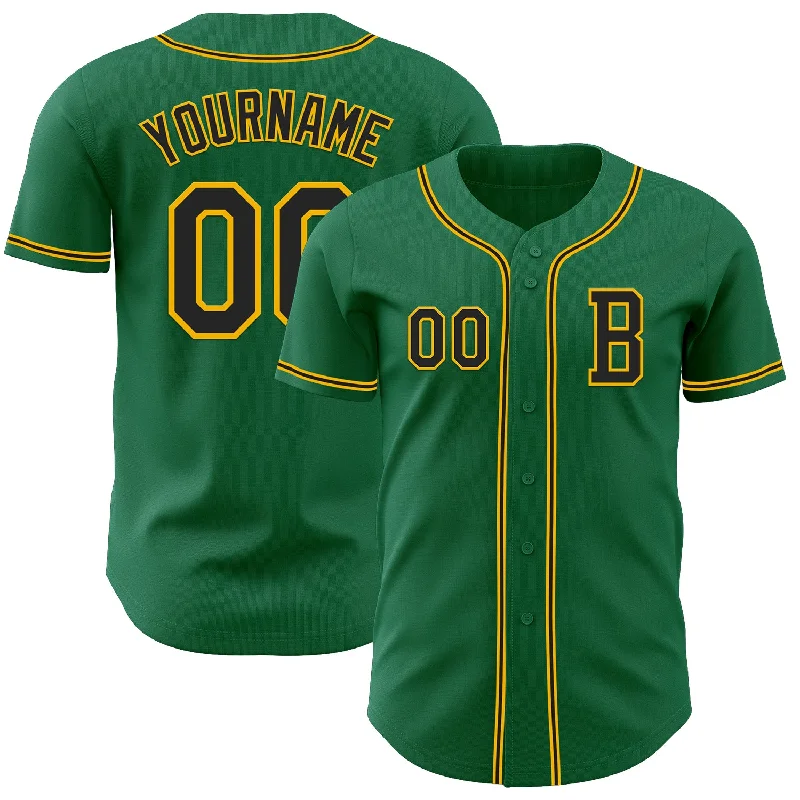 Customized baseball jersey for the whole team-Custom Kelly Green Black-Gold Authentic Baseball Jersey