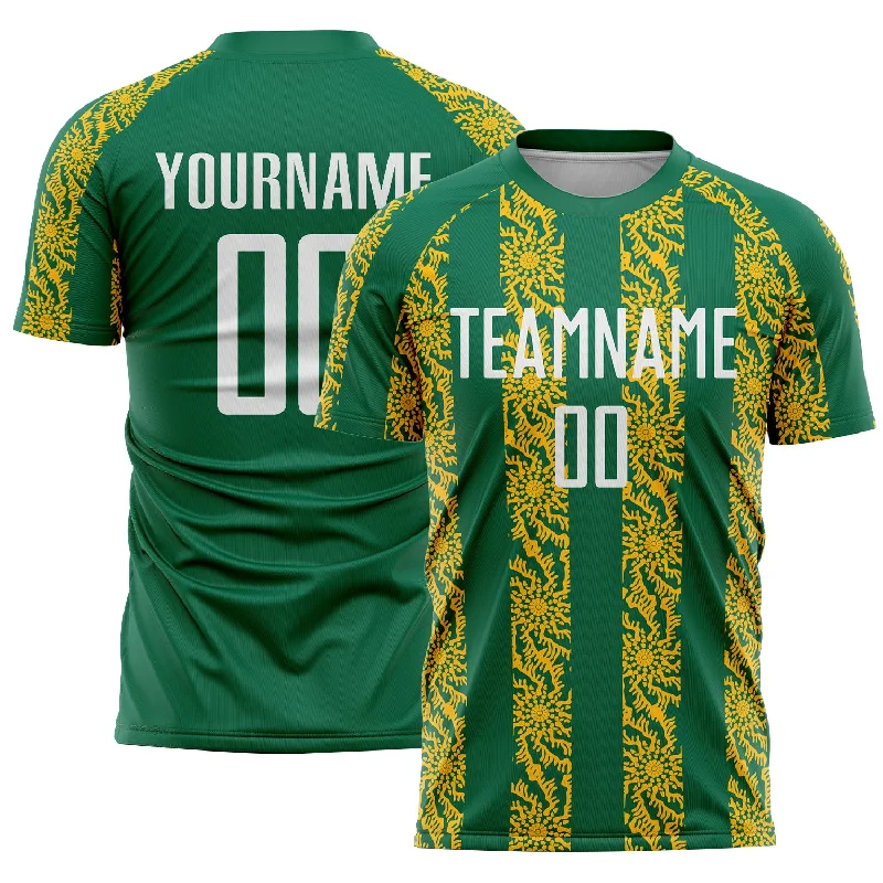 Soccer jerseys with custom patches and designs-Custom Kelly Green White-Gold Abstract Shape Sublimation Soccer Uniform Jersey