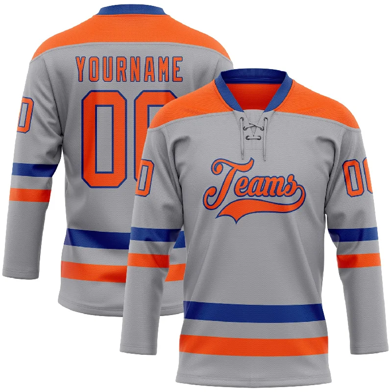 Personalized hockey jersey for charity events-Custom Gray Orange-Royal Hockey Lace Neck Jersey