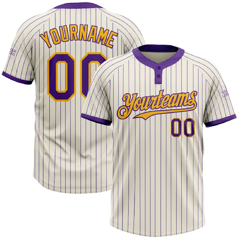 Softball jersey with custom prints for fan support and merchandising-Custom Cream Purple Pinstripe Gold Two-Button Unisex Softball Jersey