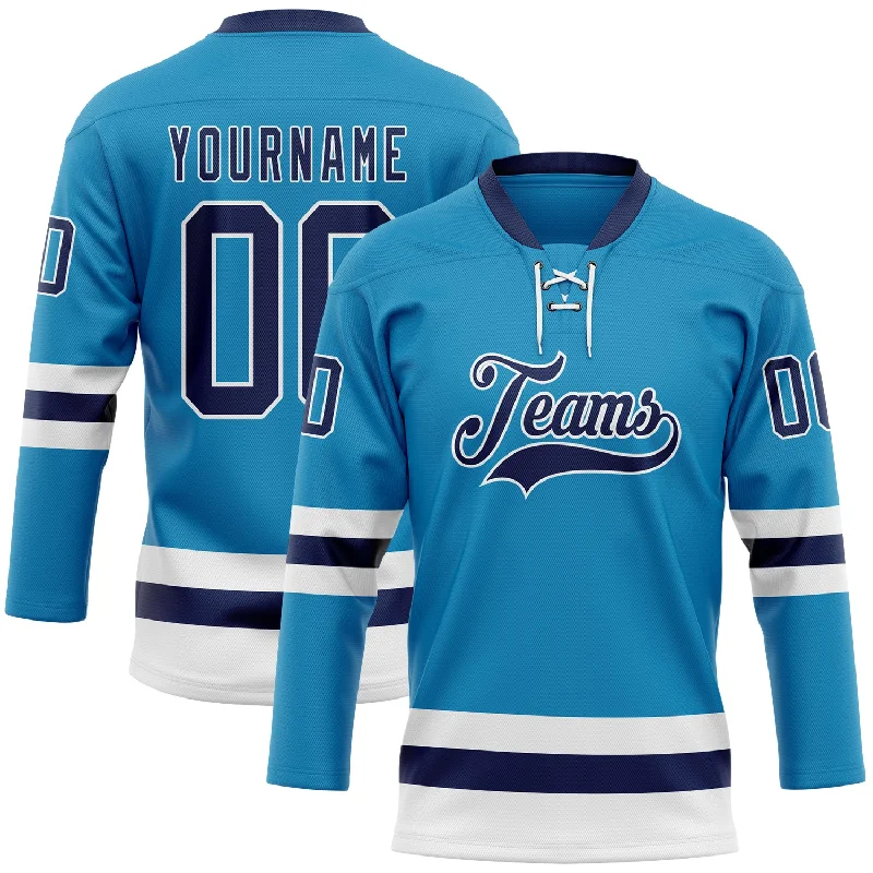 Custom hockey jersey for school leagues-Custom Panther Blue Navy-White Hockey Lace Neck Jersey