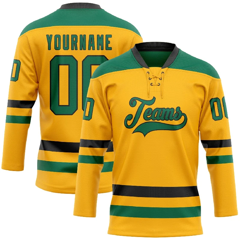 Hockey jersey with performance fabric for athletes-Custom Gold Kelly Green-Black Hockey Lace Neck Jersey