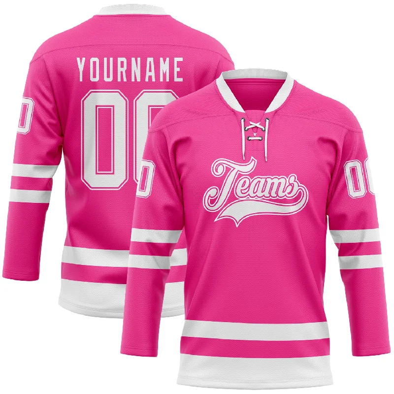 Hockey jersey with moisture-wicking material for comfort-Custom Pink White Hockey Lace Neck Jersey