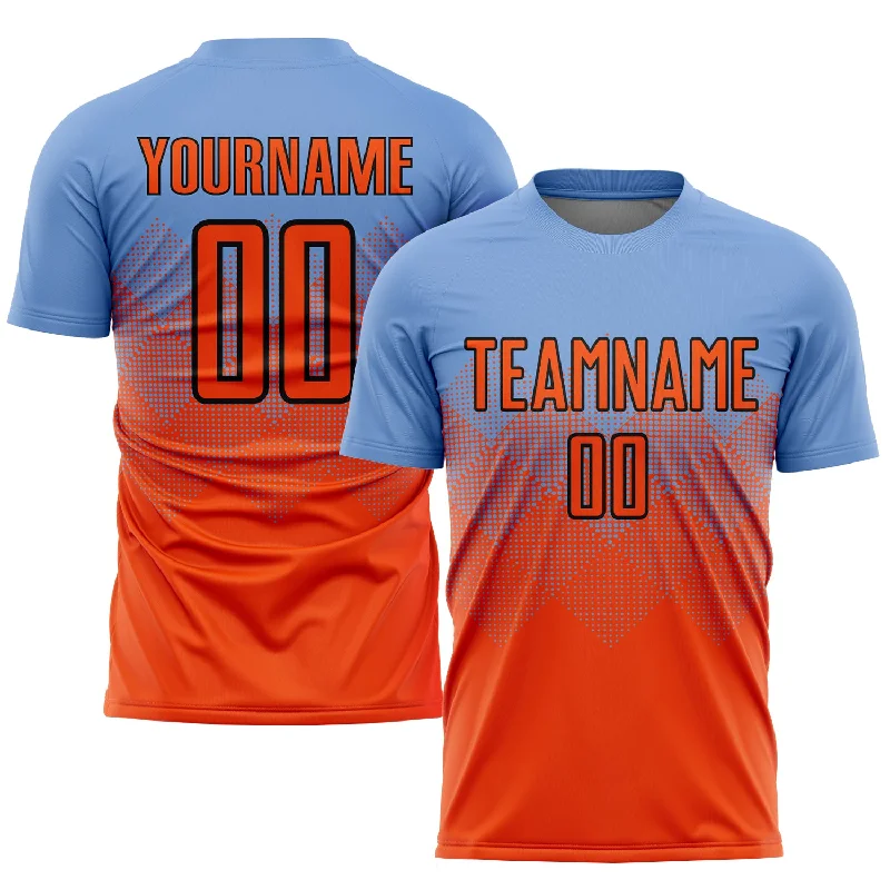 Soccer jersey with player name and number personalization-Custom Light Blue Orange-Black Sublimation Soccer Uniform Jersey