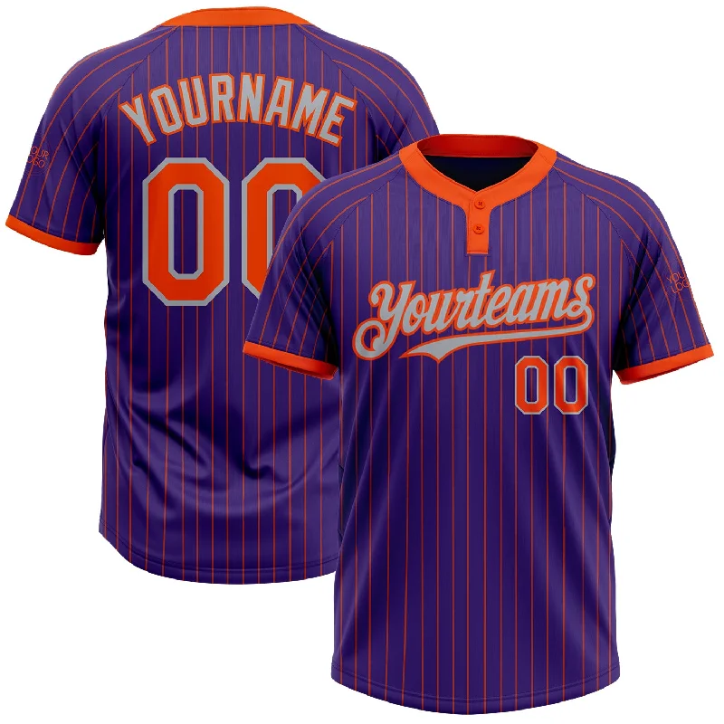 Softball jersey with quick-dry technology for hot weather-Custom Purple Orange Pinstripe Gray Two-Button Unisex Softball Jersey