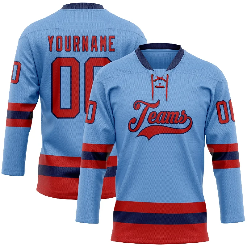 Hockey jersey with technical fabric for temperature control-Custom Light Blue Red-Navy Hockey Lace Neck Jersey