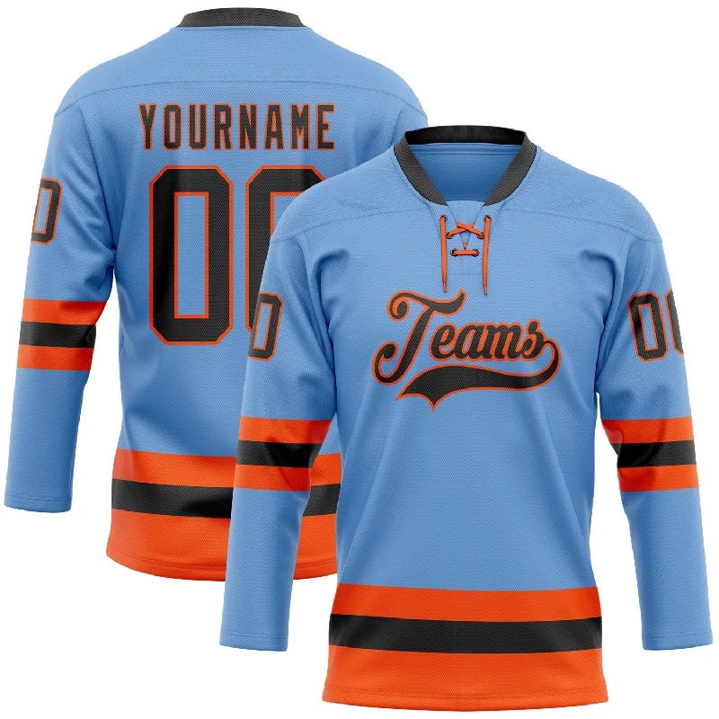 Personalized hockey jersey for charity games-Custom Light Blue Black-Orange Hockey Lace Neck Jersey