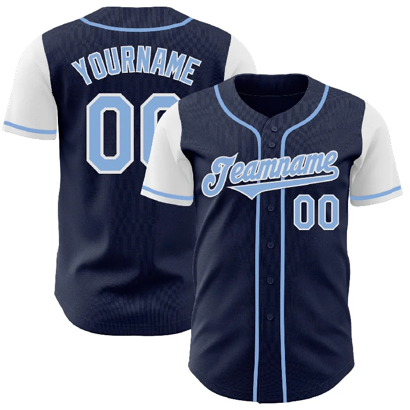 Custom baseball jersey for corporate giveaways-Custom Navy Light Blue-White Authentic Two Tone Baseball Jersey