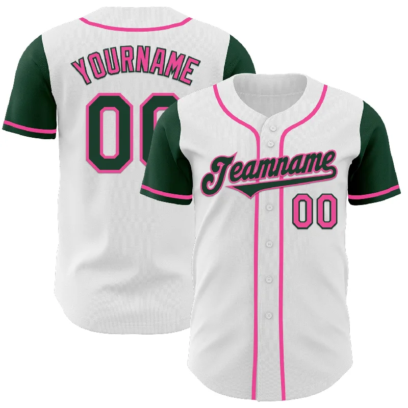 Team baseball jersey for school sports teams-Custom White Green-Pink Authentic Two Tone Baseball Jersey