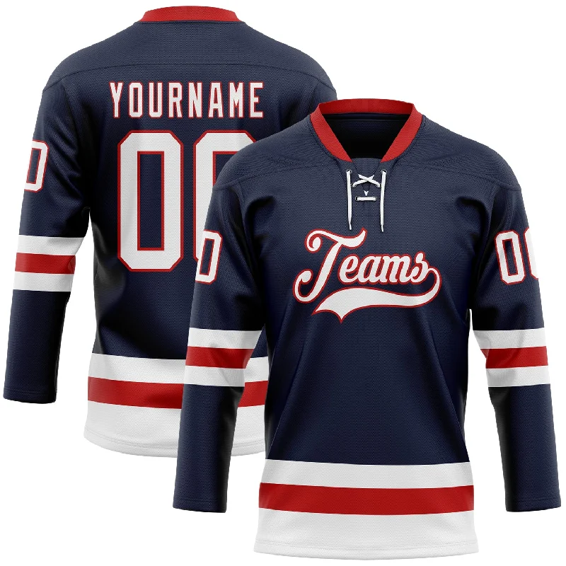 Hockey jersey with durable fabric for long-lasting wear-Custom Navy White-Red Hockey Lace Neck Jersey