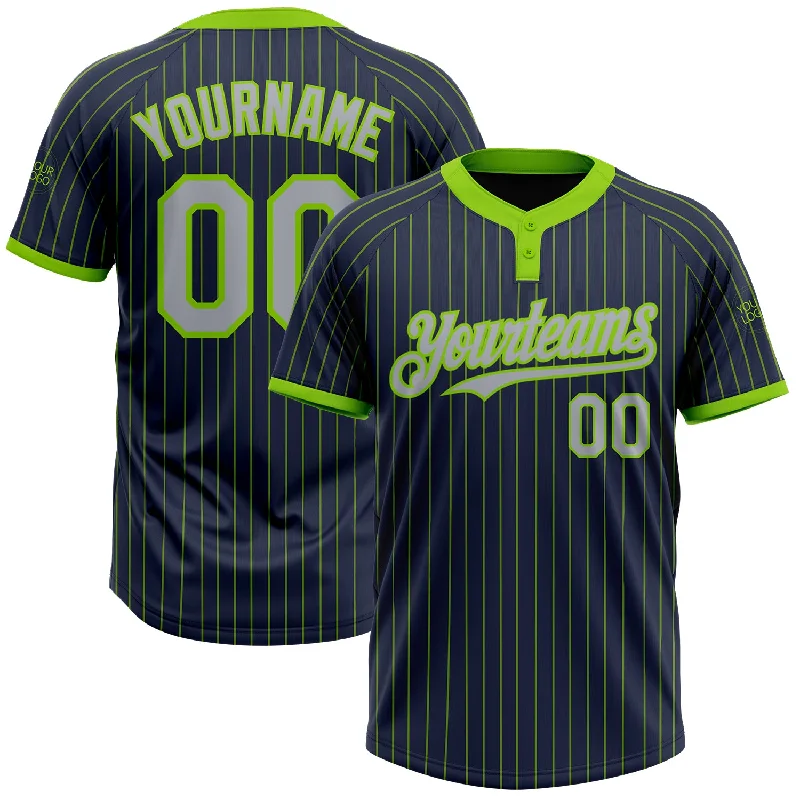 Softball jersey with bold team logo for easy recognition-Custom Navy Neon Green Pinstripe Gray Two-Button Unisex Softball Jersey