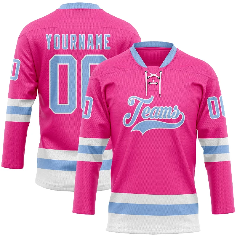 Custom hockey jersey for youth tournaments-Custom Pink Light Blue-White Hockey Lace Neck Jersey