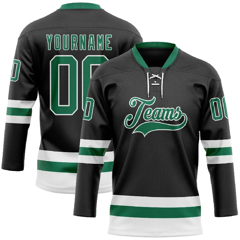 Hockey jersey with comfortable, flexible fit for all players-Custom Black Kelly Green-White Hockey Lace Neck Jersey