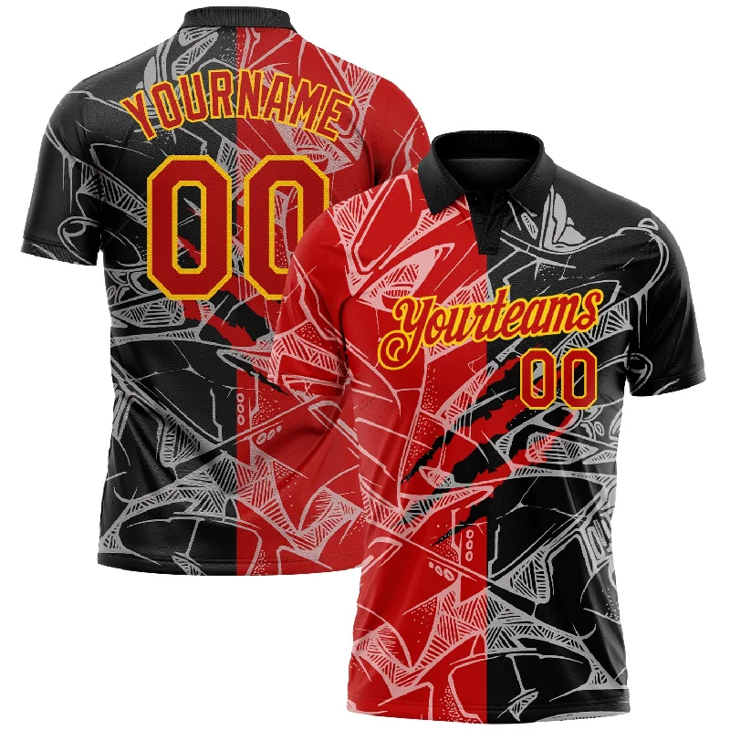 Premium golf polo shirt with smooth and soft finish-Custom Graffiti Pattern Red-Yellow 3D Scratch Performance Golf Polo Shirt