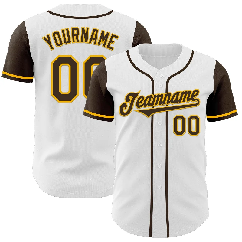 Baseball jerseys with player numbers and names-Custom White Brown-Gold Authentic Two Tone Baseball Jersey