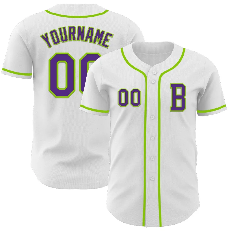 High-performance baseball jersey for competitive play-Custom White Purple-Neon Green Authentic Baseball Jersey