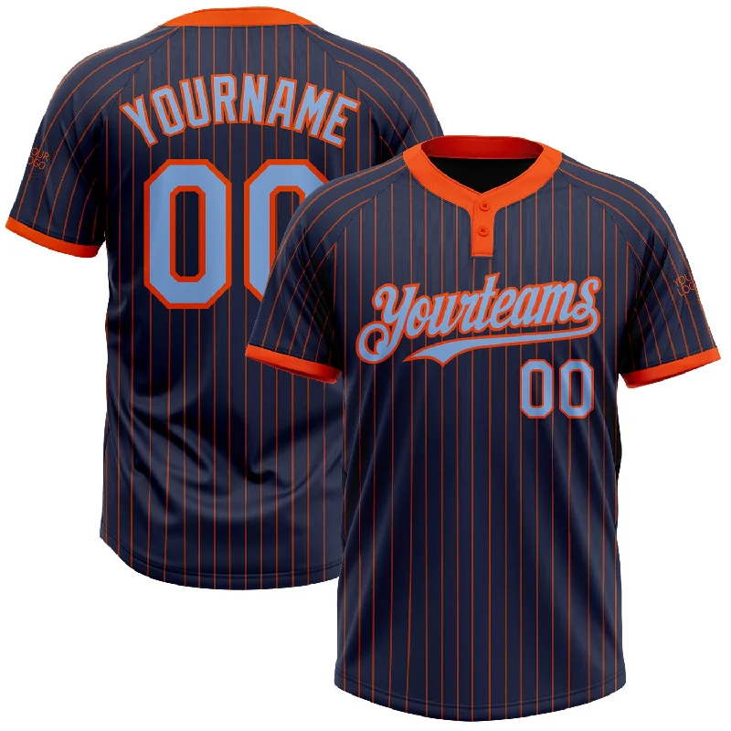 Softball jersey with UV protection for sunny days-Custom Navy Orange Pinstripe Light Blue Two-Button Unisex Softball Jersey