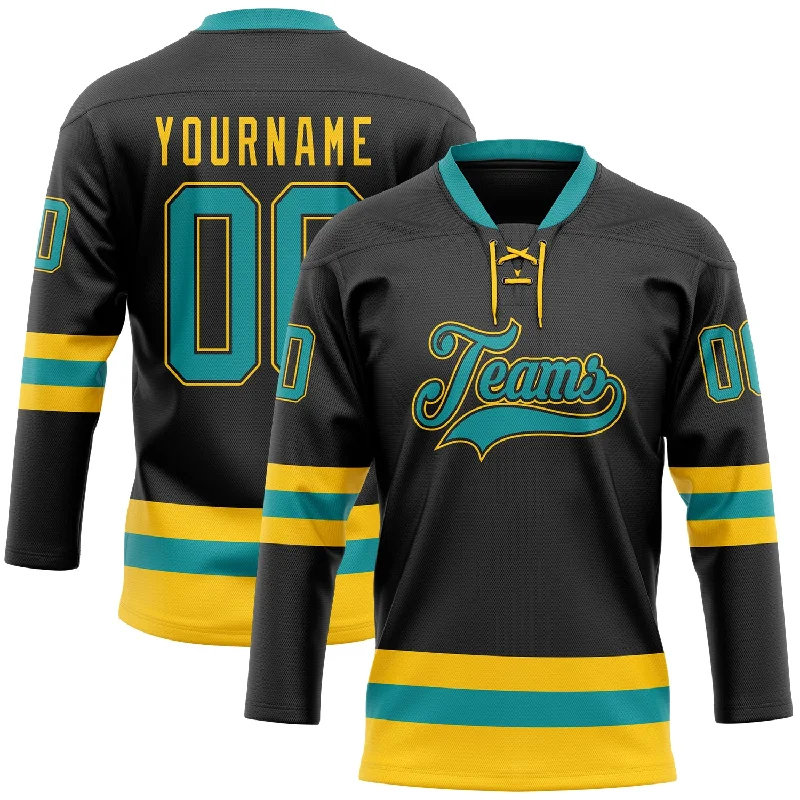 Personalized hockey jersey with vintage-inspired look-Custom Black Teal-Yellow Hockey Lace Neck Jersey