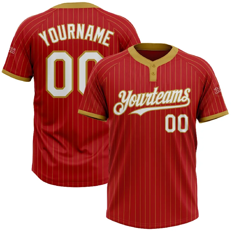 Softball jersey with customized neck tag for a unique touch-Custom Red Old Gold Pinstripe White Two-Button Unisex Softball Jersey