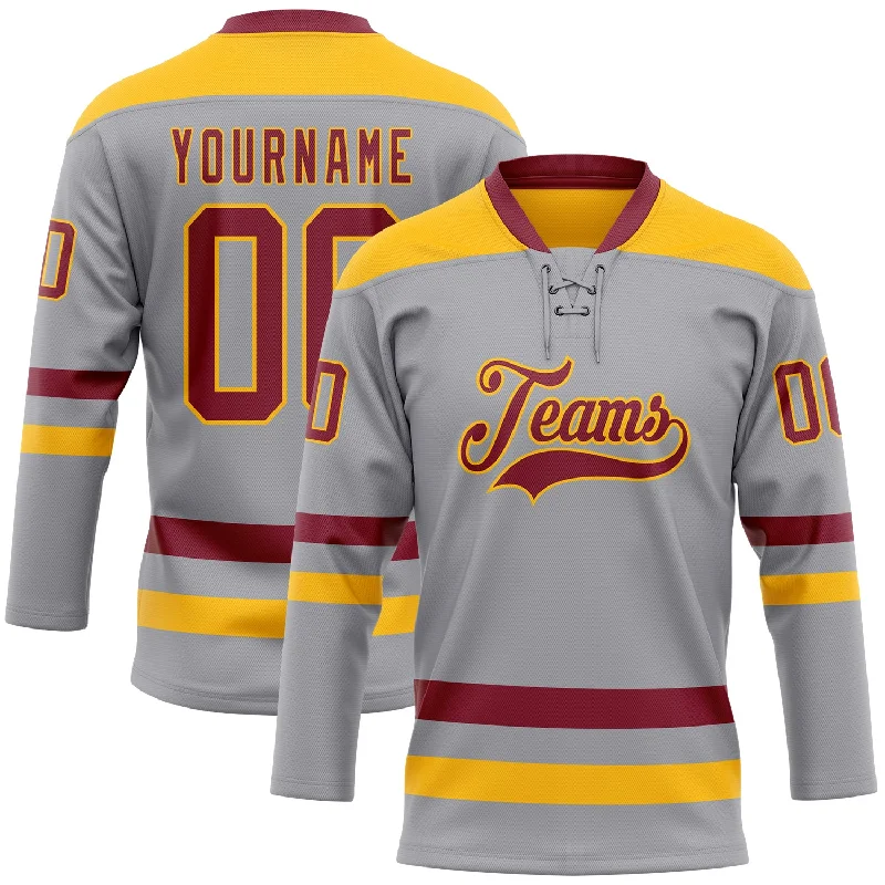 Custom hockey jersey for fan clubs and communities-Custom Gray Crimson-Gold Hockey Lace Neck Jersey