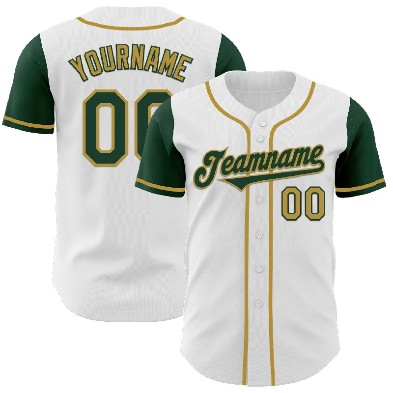 Personalized baseball jersey with iconic team logos-Custom White Green-Old Gold Authentic Two Tone Baseball Jersey