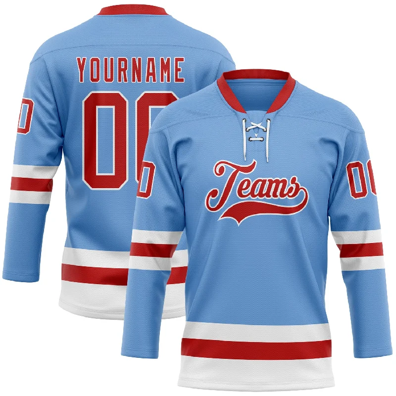 Personalized hockey jersey for official league apparel-Custom Light Blue Red-White Hockey Lace Neck Jersey