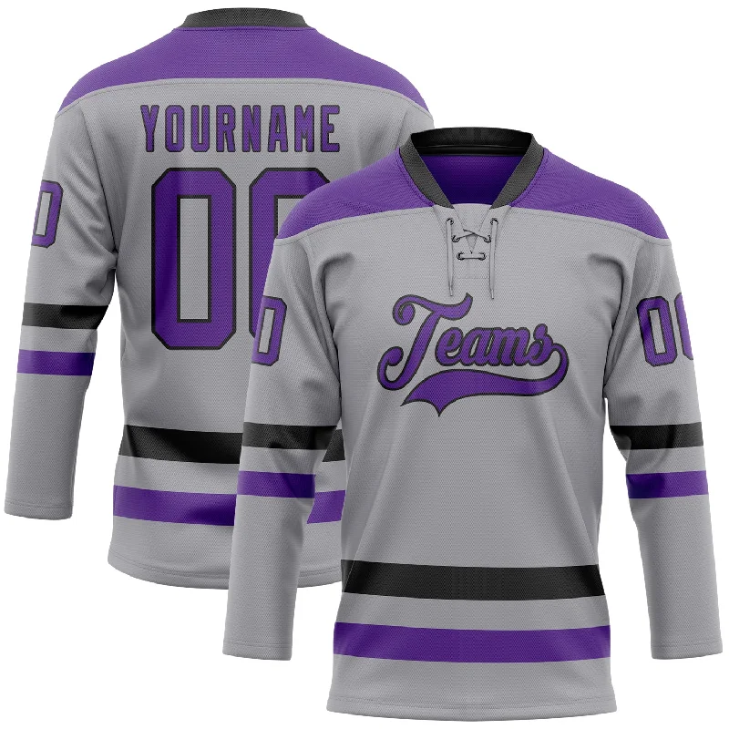 Personalized hockey jersey for event giveaways-Custom Gray Purple-Black Hockey Lace Neck Jersey