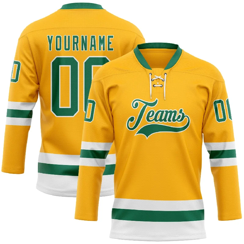 Custom hockey jersey with added ventilation for air circulation-Custom Gold Kelly Green-White Hockey Lace Neck Jersey