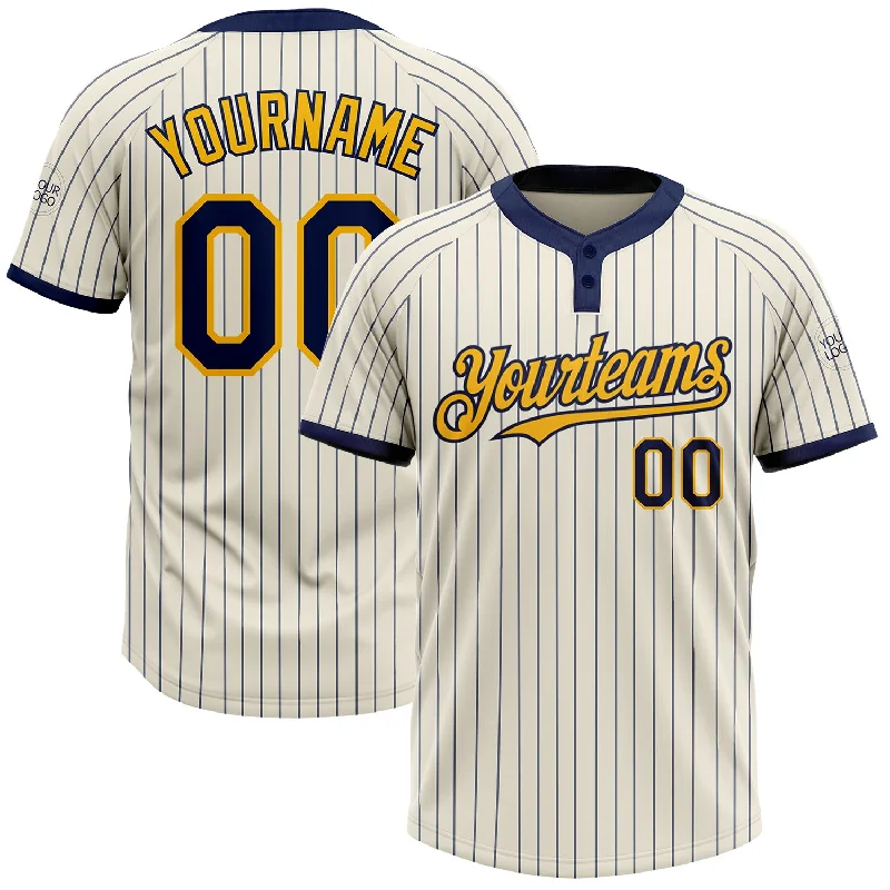 Custom softball jersey for team merchandise-Custom Cream Navy Pinstripe Gold Two-Button Unisex Softball Jersey