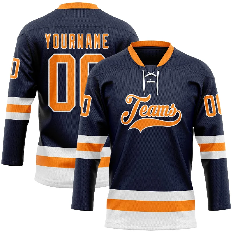 Hockey jersey with modern cut and stylish design-Custom Navy Bay Orange-White Hockey Lace Neck Jersey