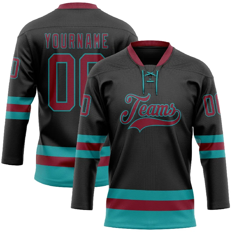 Hockey jersey with full-sleeve coverage for cold weather-Custom Black Crimson-Teal Hockey Lace Neck Jersey