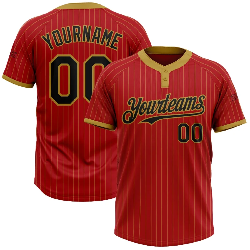 Softball jersey with functional zippered pockets for accessories-Custom Red Old Gold Pinstripe Black Two-Button Unisex Softball Jersey