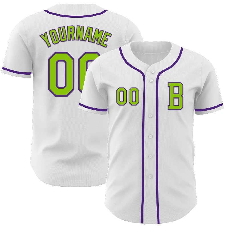 Team baseball jersey for high school teams-Custom White Neon Green-Purple Authentic Baseball Jersey