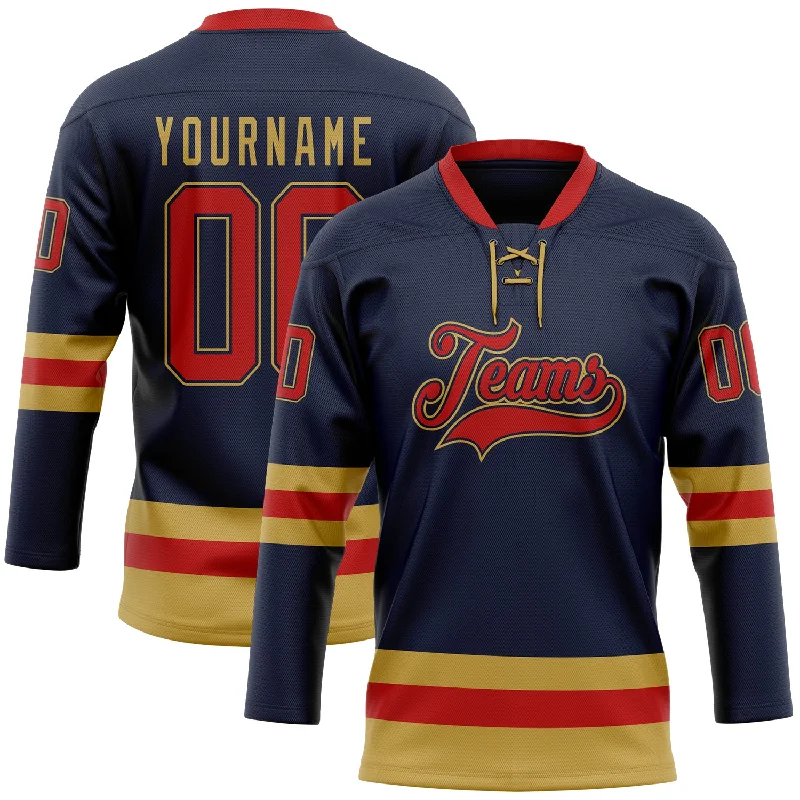 Custom hockey jersey with iconic logos and symbols-Custom Navy Red-Old Gold Hockey Lace Neck Jersey